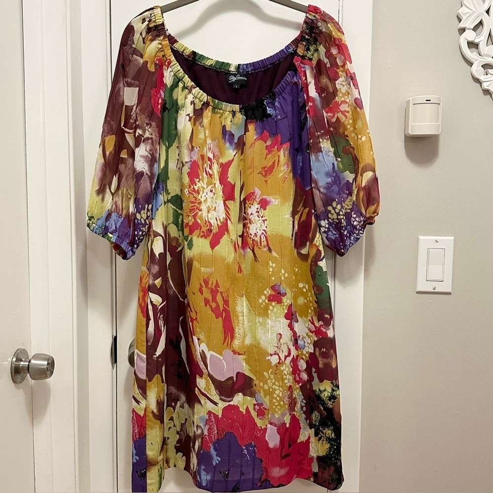Oleg Cassini Shift Dress Size 6 Floral Multicolored Abstract Casual Party